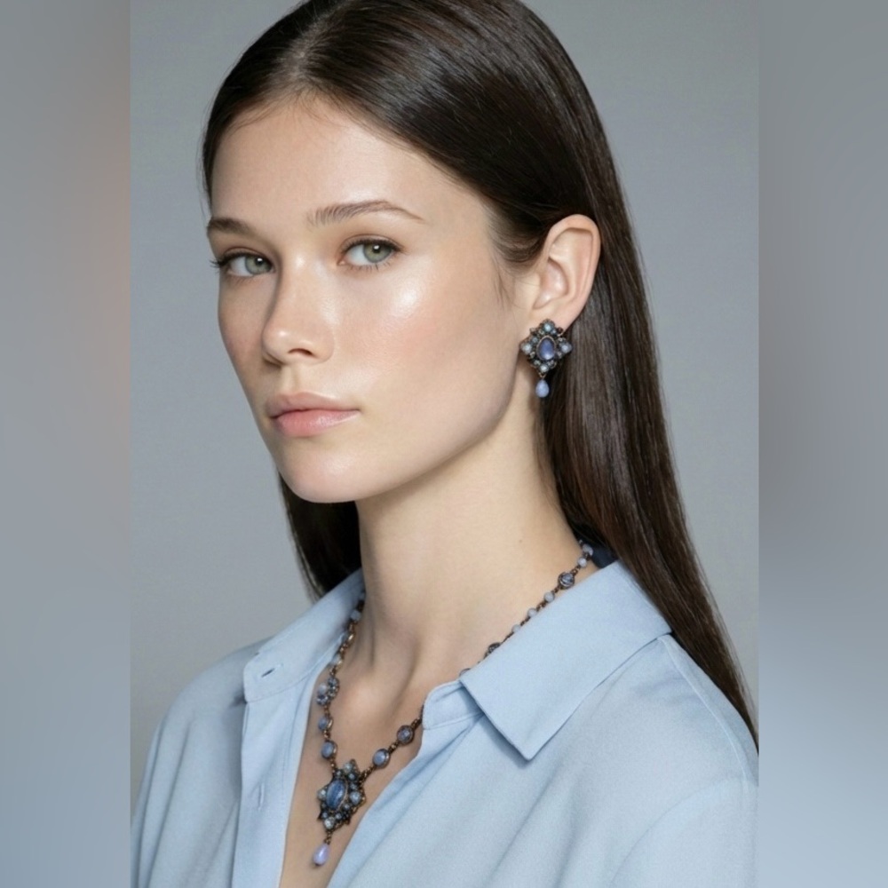 Y2K Avon Blue Ornamental Necklace & Clip Earrings Set